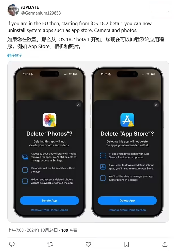 泰来苹果手机维修分享iOS 18.2 支持删除 App Store 应用商店 