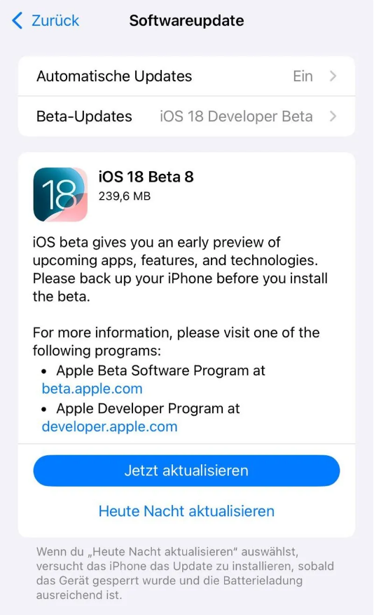 泰来苹果手机维修分享苹果 iOS / iPadOS 18 开发者预览版 Beta 8 发布 